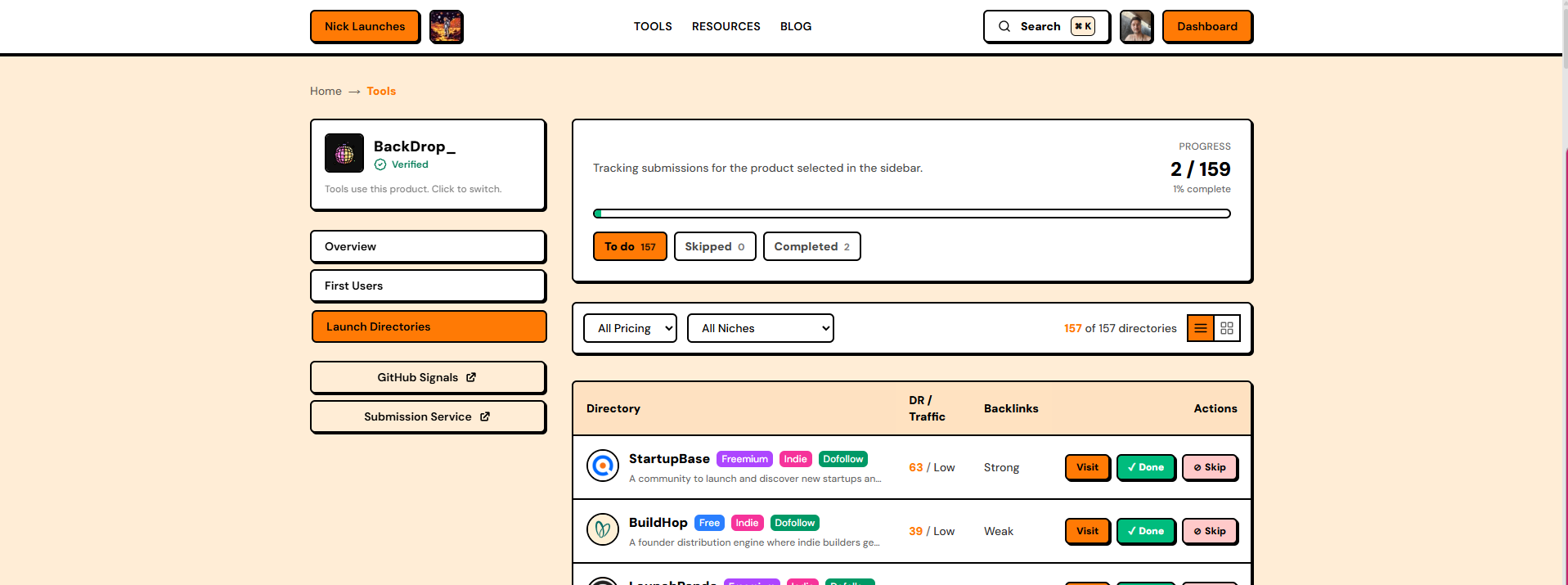 NickLaunches Launch Directories tool — 157 curated directories tracked with DR, traffic and backlink strength