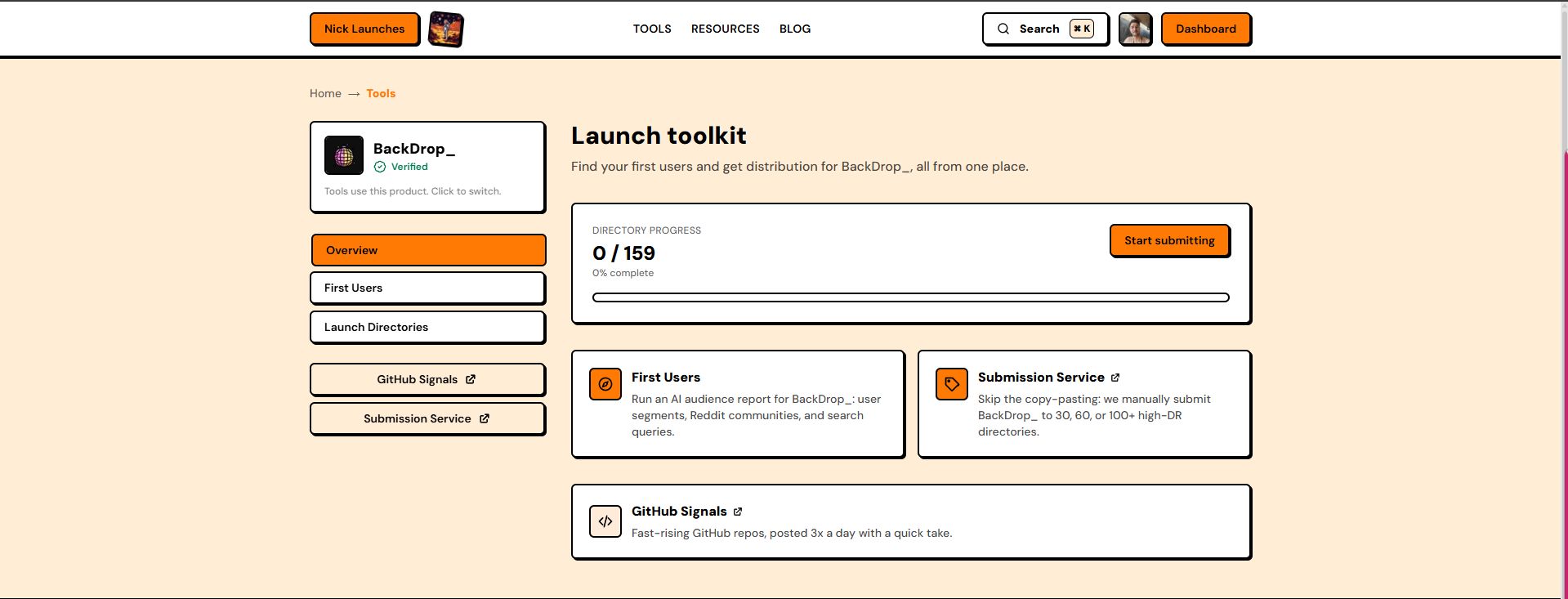 NickLaunches Launch toolkit — First Users, GitHub Signals, and the submission service