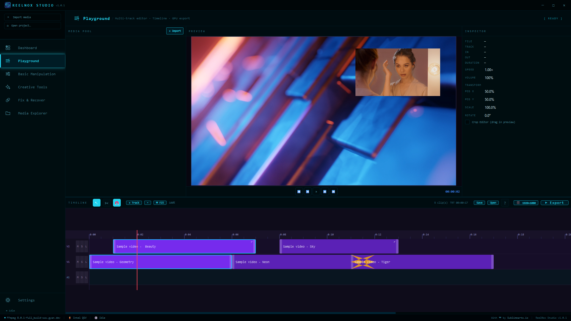 Timeline multitraccia con anteprima di compositing live nel Playground.