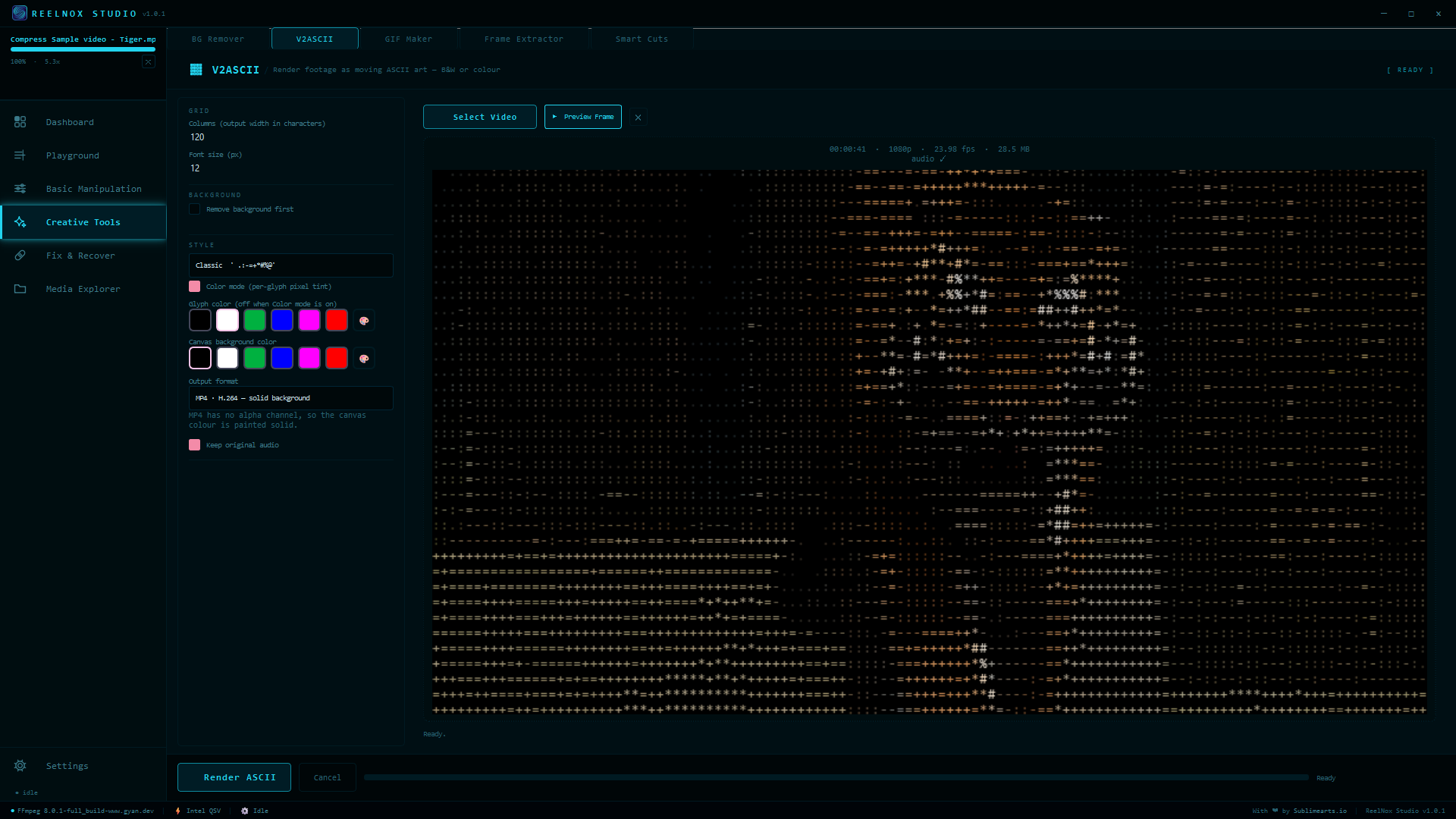 V2ASCII trasforma il tuo video in arte ASCII animata, in tempo reale.